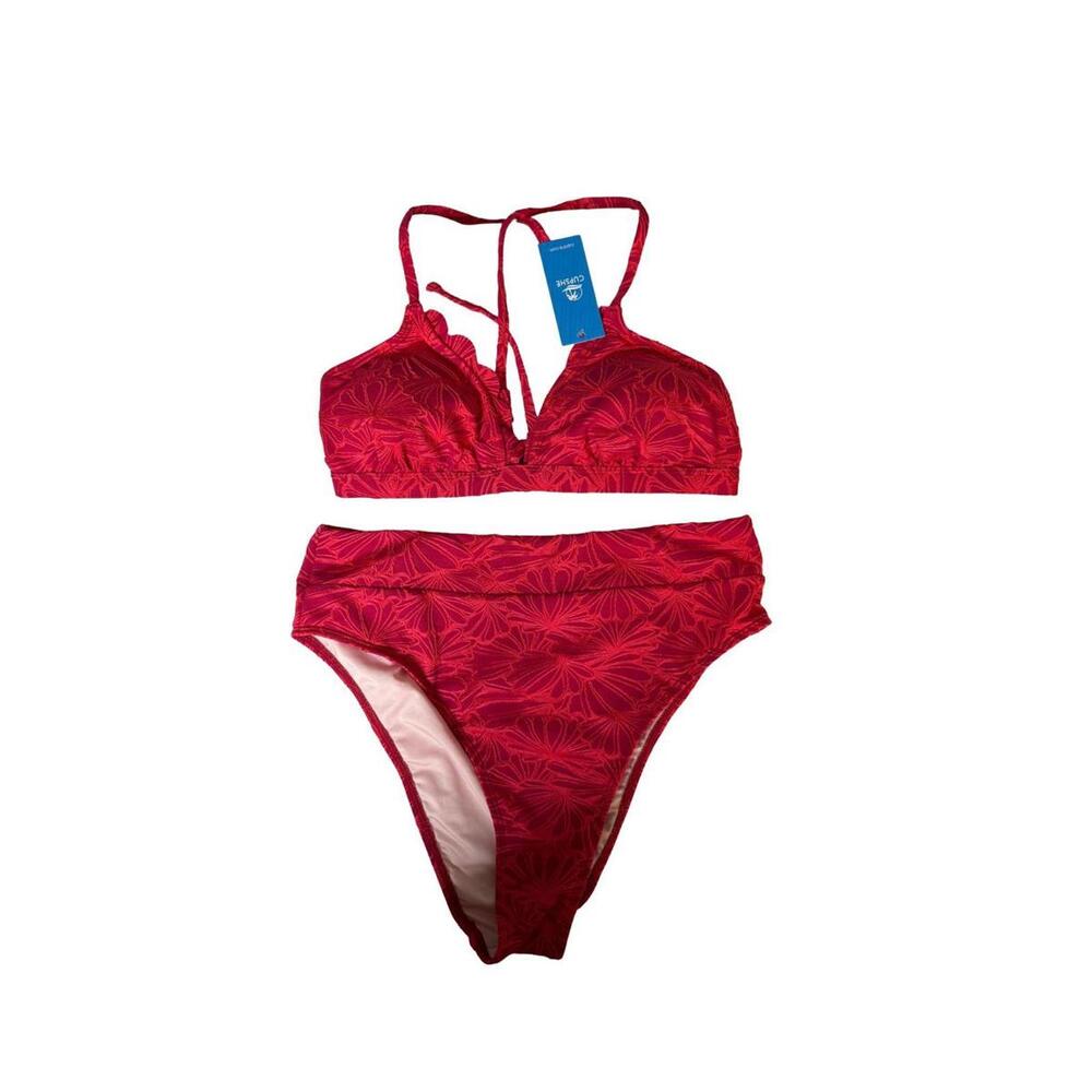 NWT Cupshe Red Floral Jacquard Scalloped Bralette High Waist Bikini Set Size M - Picture 3 of 4